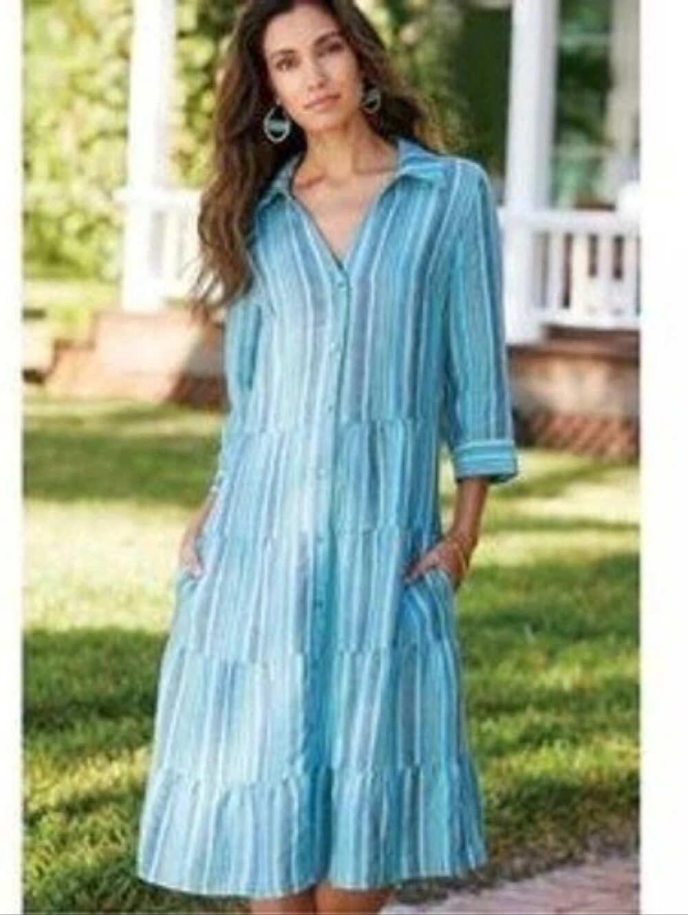 SOFT SURROUNDINGS Santa Cruz Linen Blue Stripe Tiered Dress Petite Large